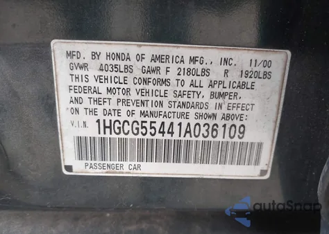 2001 Honda Accord 2.3 Lx из США, поврежденный, VIN 1HGCG55441A036109